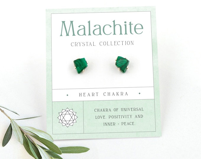 Raw Malachite Stud Earrings, Genuine Gemstone Silver Post Earrings, Raw Crystal Jewelry BFF Gift Under 30, Heart Chakra Green Stone