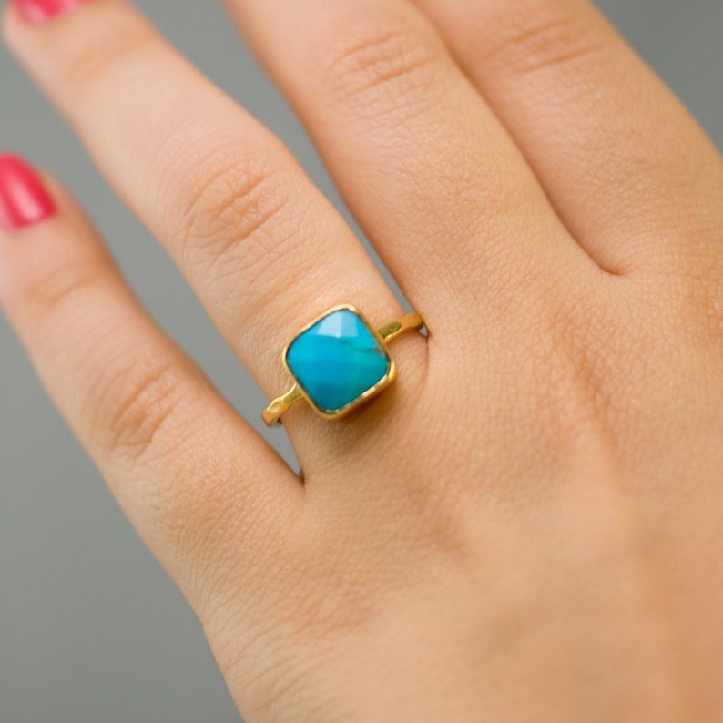 Turquoise Ring Gold, December Birthstone Ring, Gem Ring, Solitaire Ring, Gold Ring, Stackable Ring, Tear Drop Ring, Raw Stone image 7