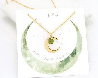 Zodiac Necklace Gift, Leo Necklace, Tiny Peridot Necklace, August Birthday Gift, Celestial Gift for Her, Raw Crystal  Pendant, NK-N