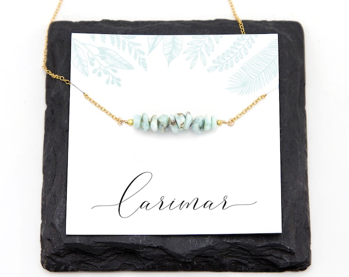 Natural Larimar Beaded Bar Necklace, Something Blue Wedding Jewelry, Minimalist Layering Choker, Dainty Gold Filled Sterling Silver Chain