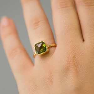 Green Peridot Ring Gold, August Birthstone Ring, Cushion Cut, Solitaire Ring, Green Stone Ring, Stackable Stone Ring, Gift for Mom image 2