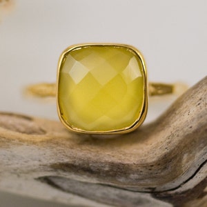 Yellow Crystal Solitaire Ring, Summer Jewelry, Yellow Chalcedony Ring Gemstone Ring Stacking Ring Gold Plated Cushion Cut Ring image 2