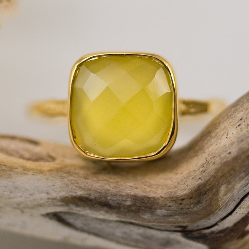 Yellow Crystal Solitaire Ring, Summer Jewelry, Yellow Chalcedony Ring Gemstone Ring Stacking Ring Gold Plated Cushion Cut Ring image 2