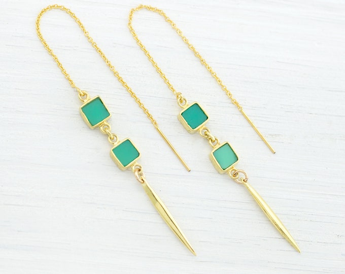 Modern Chrysoprase Spike Earrings, Square Threader Earrings, Mint Green Gemstone Jewelry, Dainty Earrings, Spike Drop Earrings, TH-SQ