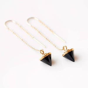 Black Crystal Onyx Earrings, Stone of Protection, Long Minimalist Earrings, 14k Gold Filled Threader Earrings, Simple Ear Threader