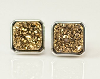 Gold Druzy Stud Earrings, Sterling Silver Stud, Square Earrings, Druzy Studs, Holiday Sparkle, Stocking Stuffer Gift for Her, Rough Crystal