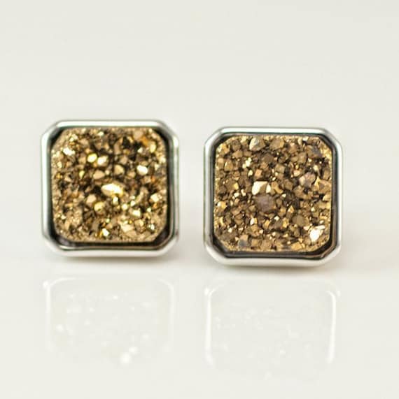 Gold Druzy Stud Earrings, Sterling Silver Stud, Square Earrings, Druzy Studs, Holiday Sparkle, Stocking Stuffer Gift for Her, Rough Crystal