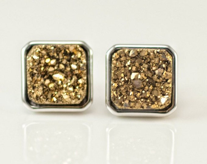 Gold Druzy Stud Earrings, Sterling Silver Stud, Square Earrings, Druzy Studs, Holiday Sparkle, Stocking Stuffer Gift for Her, Rough Crystal