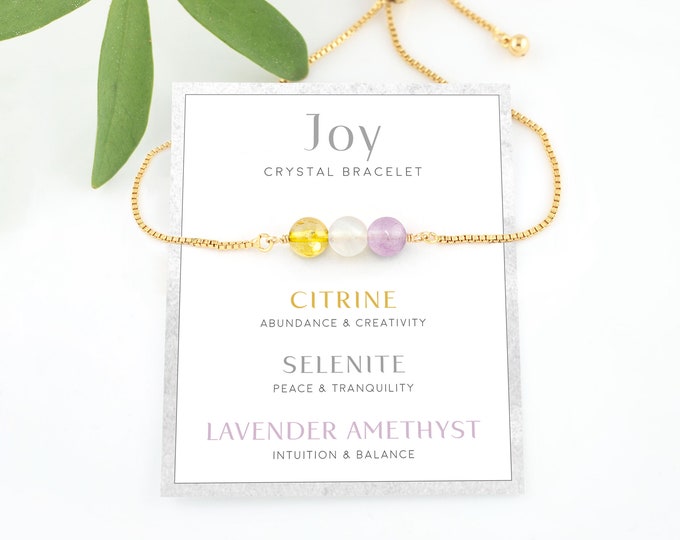 Happiness and Joy Bracelet Gift Gold, Choose Joy, Life Affirming Gift, Positivity Jewelry Gift,  Crystal Bracelet, Adjustable