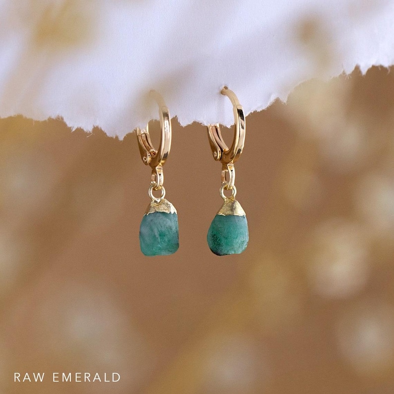 Raw Crystal Huggies Hoops Gold, Crystal Hoop Earrings, Birthstone Huggies, Charm Earrings, Tiny Dainty Small Hoops, Minimalist earrings image 2