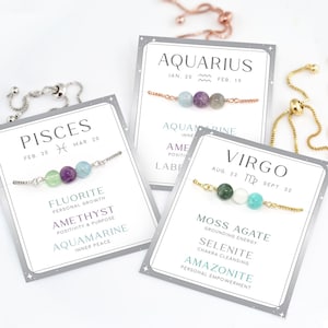 Aries Zodiac Birthstone Bracelet, Horoscope Crystal Set Jewelry, April Birthday Gift, Beaded Gemstone Adjustable Pull Tie Bracelet, BFF Gift image 2