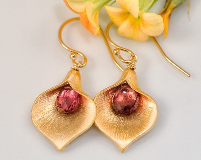 Tourmaline Garnets Earrings - October Birthstone Earrings - Calla Lily Earrings - Gold Earrings - Nature Inspired Jewelry - Gift under 30