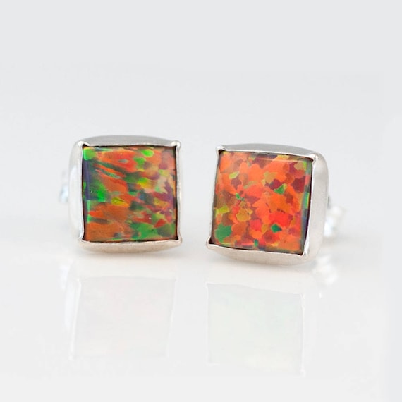 Fire Opal Stud Earrings, Sterling Silver Boho Earrings, Birthday Gift Idea, Opal Earrings, Best Friend Gift, Fire Opal Jewelry