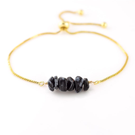 ブラック オブシディアン ブレスレット、ゴールド調節可能 ブラック オブシディアン ブレスレット、ゴールド調節可能