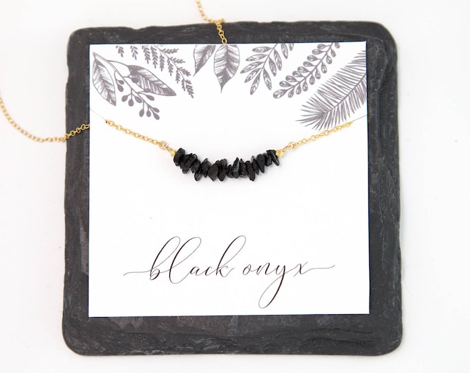 Beaded Black Onyx Bar Necklace, Minimalist Crystal Choker, Dainty Layering Chain Gold / Silver/ Rose Gold, Simply Gemstone Jewelry Gift