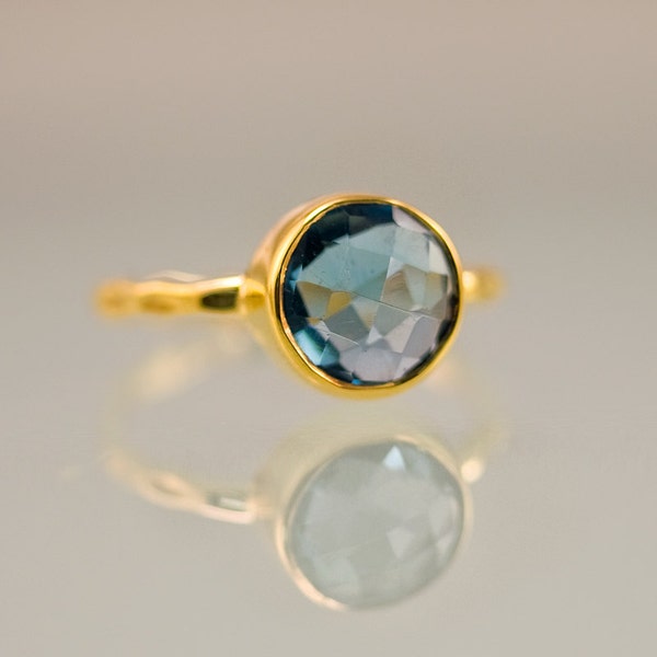 London Blue Topaz Ring Gold - December Birthstone Ring - Solitaire Ring - Stackable Stone Ring - Gold Ring - Round Ring
