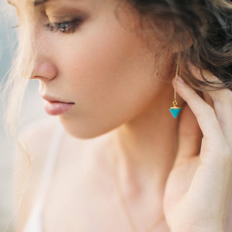 Boho Earrings Long Gold Dangle Earring Ear Threaders TH-C Minimalist Jewelry Turquoise Threader Earrings Gemstone Spike Earrings