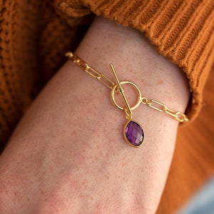 Fall Jewelry, Chunky Chain Paperclip Bracelet, Birthstone Bracelet, Amethyst Jewelry, Gold Flashy Jewelry, Toggle Bracelet, Thick Gold Chain image 1