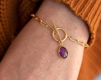 Fall Jewelry, Chunky Chain Paperclip Bracelet, Birthstone Bracelet, Amethyst Jewelry, Gold Flashy Jewelry, Toggle Bracelet, Thick Gold Chain