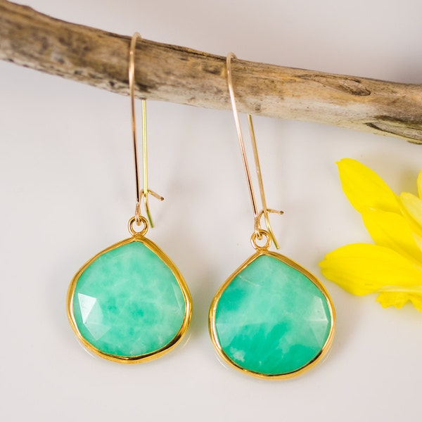 Chrysoprase Earrings -  Long Dangle Earrings - Gemstone Earrings - Gold Earrings - Chrysoprase Jewelry