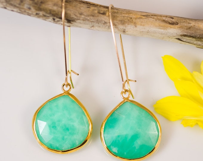 Chrysoprase Earrings -  Long Dangle Earrings - Gemstone Earrings - Gold Earrings - Chrysoprase Jewelry