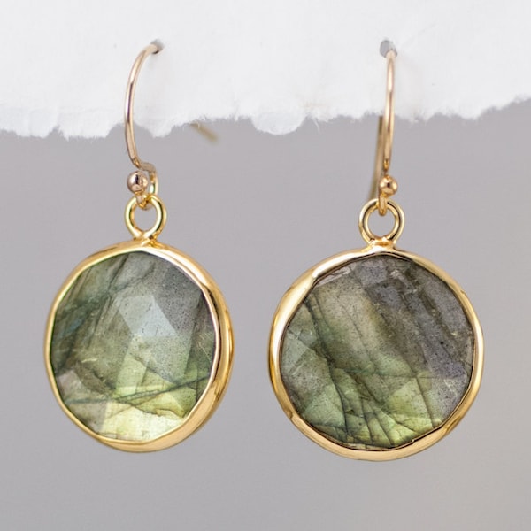 Round Labradorite earrings - Drop Earrings - bezel earrings - round gemstone earrings - gold earrings