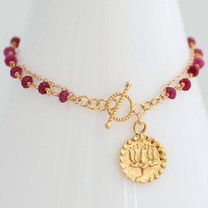 Red Ruby Bracelet - July Birthstone Bracelet - OM Lotus Flower Bracelet - Personalized Bracelet - Wire wrapped Toggle Bracelet