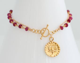 Red Ruby Bracelet - July Birthstone Bracelet - OM Lotus Flower Bracelet - Personalized Bracelet - Wire wrapped Toggle Bracelet