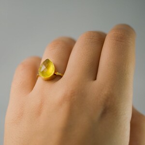 Yellow Crystal Solitaire Ring, Summer Jewelry, Yellow Chalcedony Ring Gemstone Ring Stacking Ring Gold Plated Cushion Cut Ring image 5