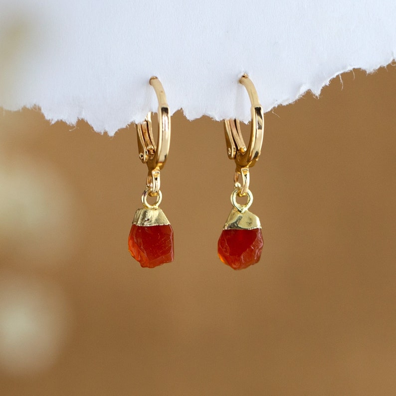 Raw Carnelian Crystal Huggies Hoops Gold, Orange Crystal Hoop Earrings, Summer Jewelry, Trendy Earrings, Cool Jewelry, Minimalist earrings image 1