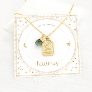 Gift under 30, Taurus Necklace, Raw Emerald Crystal Charm Necklace, Celestial Gold Zodiac Tag Layering Necklace, May Birthday Gift image 1