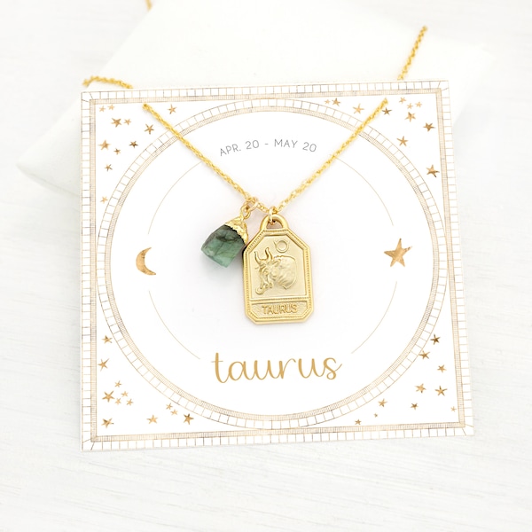 Gift under 30, Taurus Necklace, Raw Emerald Crystal Charm Necklace, Celestial Gold Zodiac Tag Layering Necklace, May Birthday Gift