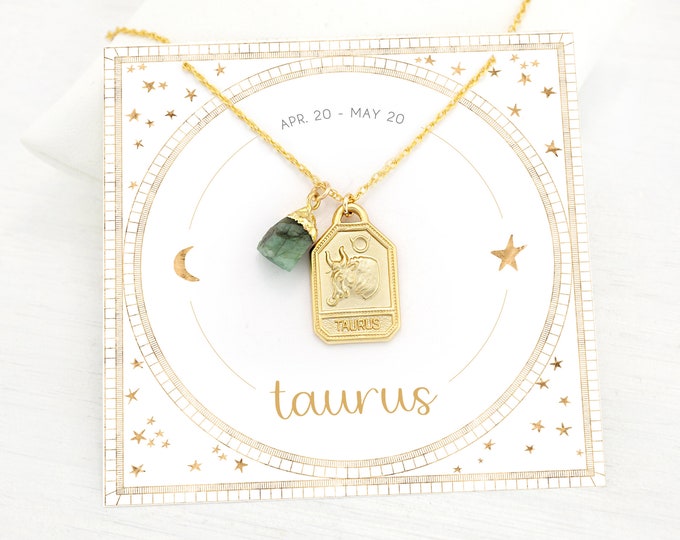 Gift under 30, Taurus Necklace, Raw Emerald Crystal Charm Necklace, Celestial Gold Zodiac Tag Layering Necklace, May Birthday Gift