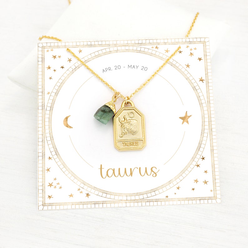Gift under 30, Taurus Necklace, Raw Emerald Crystal Charm Necklace, Celestial Gold Zodiac Tag Layering Necklace, May Birthday Gift 