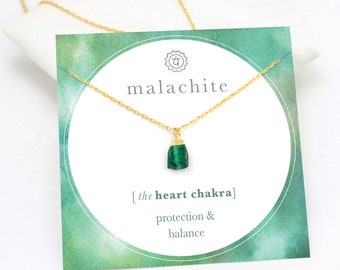 Dainty Malachite Necklace, Genuine Raw Rough Malachite Pendant, Empath Protection Necklace on Card, Best Friend Thoughtful Gift