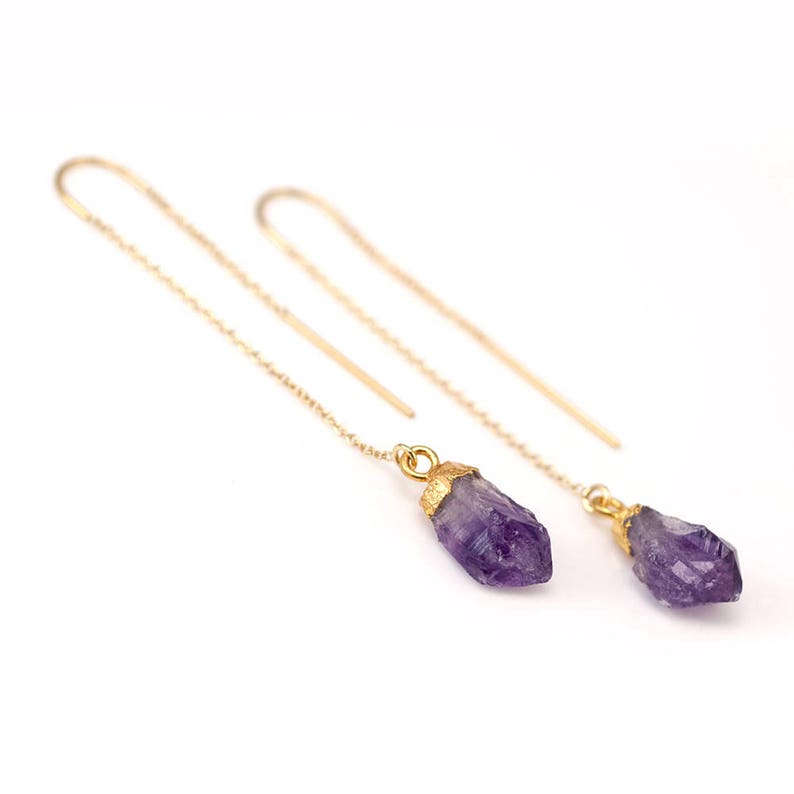 Purple Amethyst Raw Crystal Threaders, February Birthstone Earrings, Ultra Violet Natural Gemstone Ear Threaders, Rough Stone Gift image 2