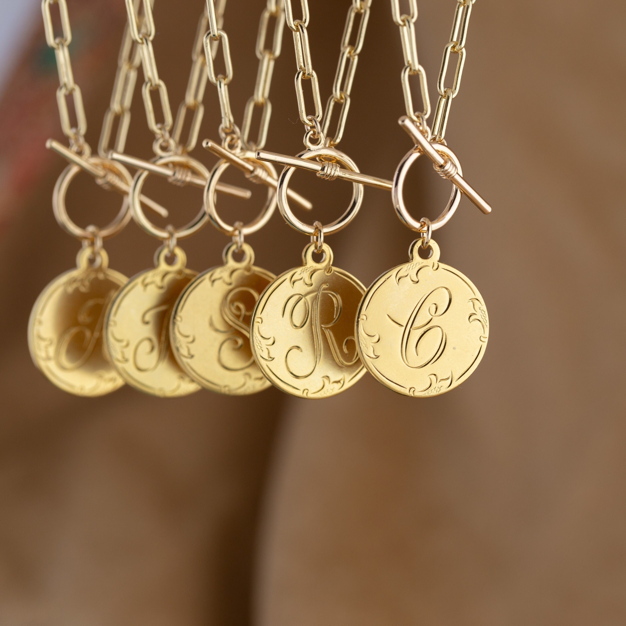 Hand engraved monogram disc charm necklace with Toggle clasp and large link  chain.