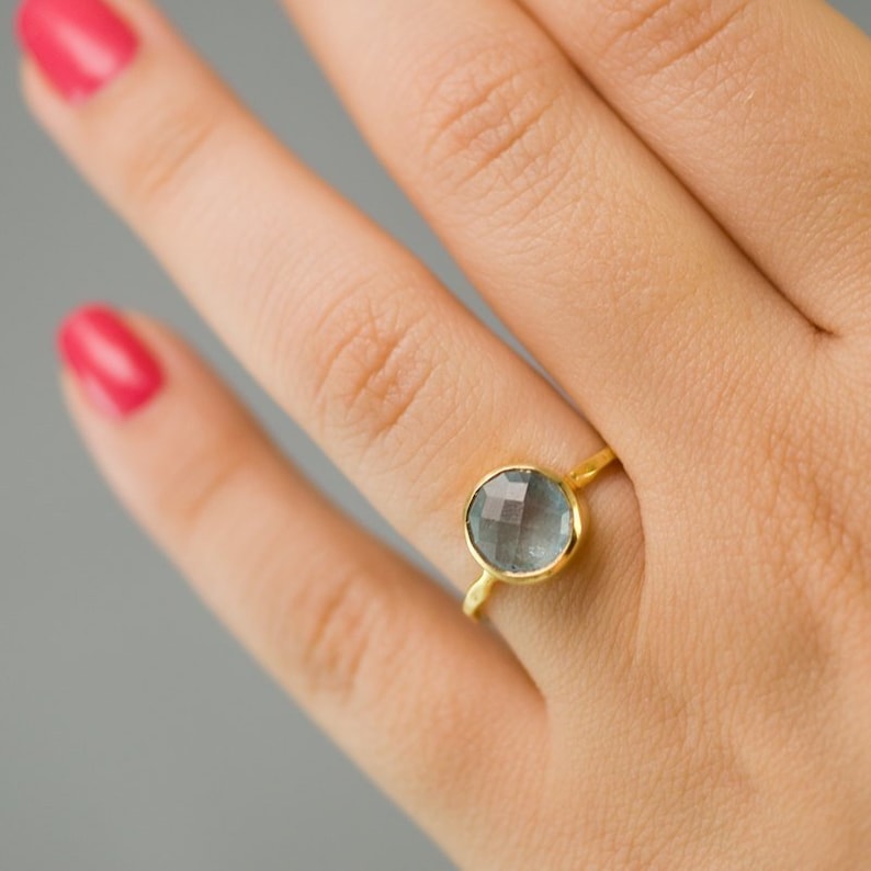 Aquamarine ring Gold March Birthstone Ring Solitaire Stone Ring Stacking Ring Gold Vermeil Ring Tear Drop Ring image 6