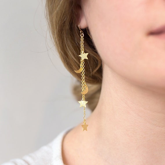 Shooting Star Cascade Earrings Rose Gold Celestial Jewelry Moon and Star Earrings Silver Crescent Moon Constellation Dangle Gift for Her Etsy