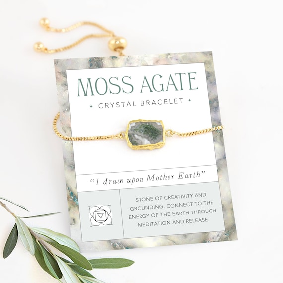 Moss Agate Gemstone Slice Bracelet, Cute Stacking Stretch Bracelet Adjustable Bolo, Affirmation Grounding Crystal Earthy Jewelry Sister Gift
