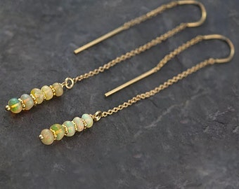 Zierliche Opal Ohrringe, äthiopischer Opal Oktober Geburtsstein Geschenk, echte Opal Einfädler, Minimalistische lange Gold Ohrringe Einfädler, Ohrfaden