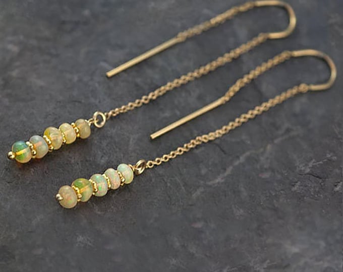 Dainty Opal Earrings, Ethiopian Opal October Birthstone Gift, Real Opal Threaders, Minimalist Long Gold Dangle Threader Earrings, Ear Thread