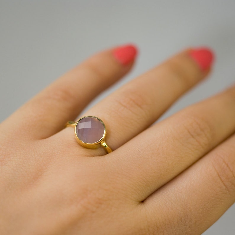 Pink Chalcedony Ring Gold, October Birthstone Ring, Rose Quartz Stone Ring, Gemstone Ring, Stackable Ring, Round Stone Ring image 2