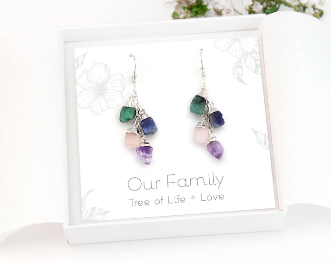Unique Personalized Raw Birthstone Crystal Earrings for Mother's Day, Family Birthstones Dangle Drop Earrings, Healing Crystal Sets Gifts