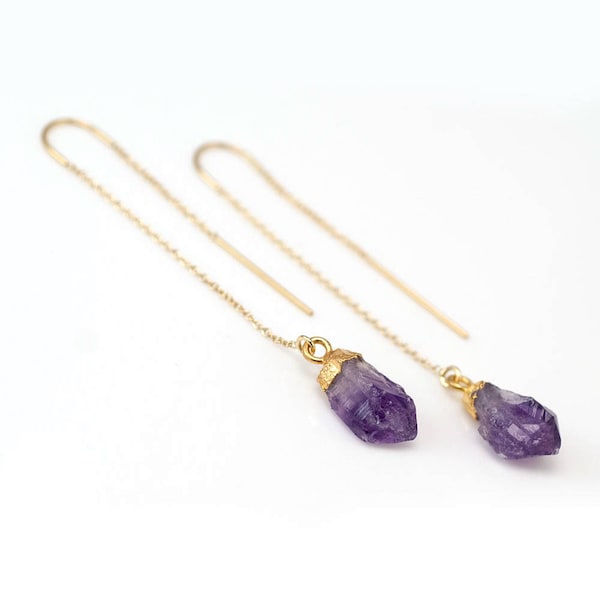 Raw Purple Amethyst Threader Earrings, February Birthstone Earrings, Rough Stone Earrings, Long Gold Earrings, Ear Threader, Boho Chic, TH-N