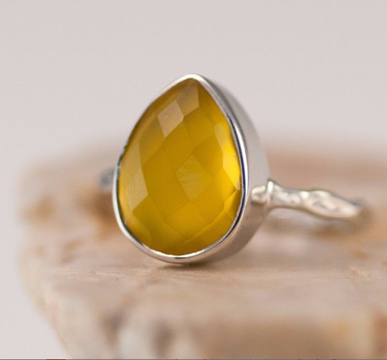 Yellow Crystal Solitaire Ring, Summer Jewelry, Yellow Chalcedony Ring Gemstone Ring Stacking Ring Gold Plated Cushion Cut Ring image 6