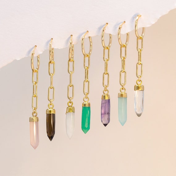 Crystal Spike Paperclip Chain Huggies, Gemstone Point Charm Huggie