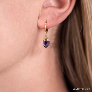 Raw Crystal Huggies Hoops Gold, Crystal Hoop Earrings, Birthstone Huggies, Charm Earrings, Tiny Dainty Small Hoops, Minimalist earrings image 3