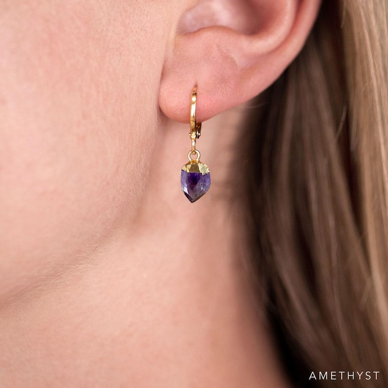 Raw Crystal Huggies Hoops Gold, Crystal Hoop Earrings, Birthstone Huggies, Charm Earrings, Tiny Dainty Small Hoops, Minimalist earrings image 3