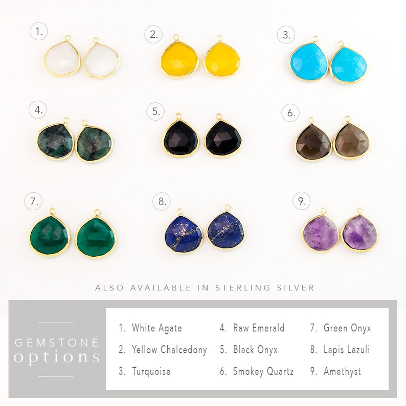 May include: Nine pairs of gemstone teardrop pendants with gold-toned jump rings. The gemstones are: white agate, yellow chalcedony, turquoise, raw emerald, black onyx, smokey quartz, green onyx, lapis lazuli, and amethyst.